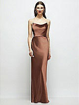 Alt View 1 Thumbnail - Cognac Basque-Neck A-Line Stretch Satin Maxi Dress with Off-the-Shoulder Drape