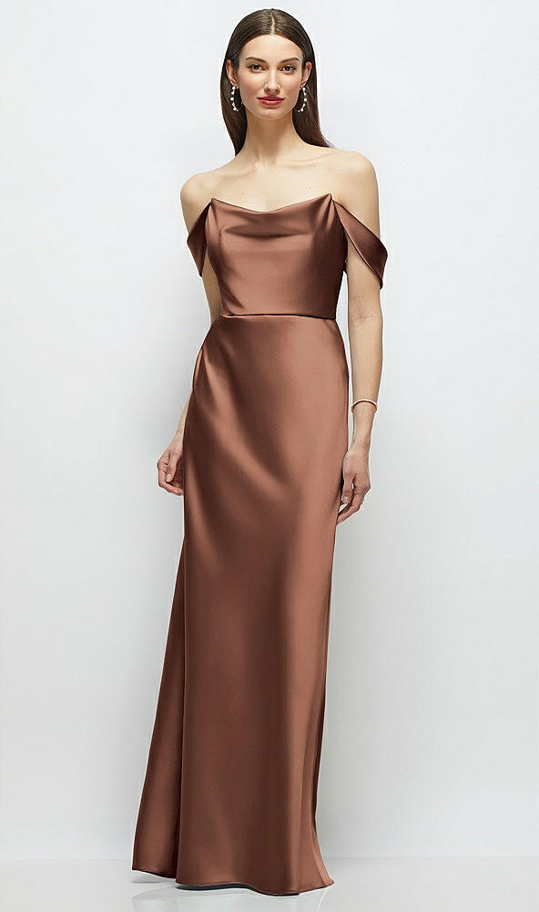 Front View - Cognac Basque-Neck A-Line Stretch Satin Maxi Dress with Off-the-Shoulder Drape
