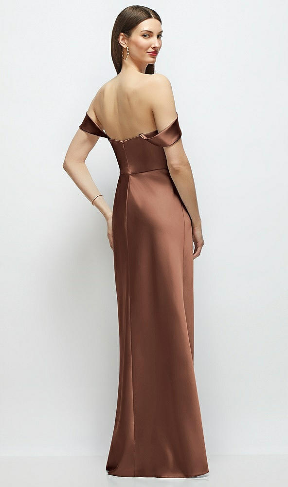 Back View - Cognac Basque-Neck A-Line Stretch Satin Maxi Dress with Off-the-Shoulder Drape