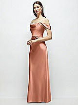 Side View Thumbnail - Copper Penny Basque-Neck A-Line Stretch Satin Maxi Dress with Off-the-Shoulder Drape