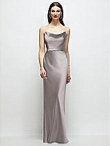 Alt View 1 Thumbnail - Cashmere Gray Basque-Neck A-Line Stretch Satin Maxi Dress with Off-the-Shoulder Drape