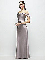 Side View Thumbnail - Cashmere Gray Basque-Neck A-Line Stretch Satin Maxi Dress with Off-the-Shoulder Drape