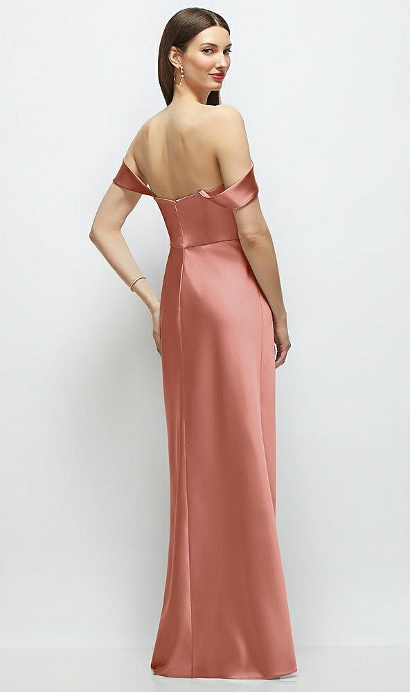 Back View - Desert Rose Basque-Neck A-Line Stretch Satin Maxi Dress with Off-the-Shoulder Drape