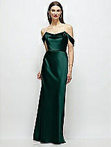 Front View Thumbnail - Evergreen Basque-Neck A-Line Stretch Satin Maxi Dress with Off-the-Shoulder Drape