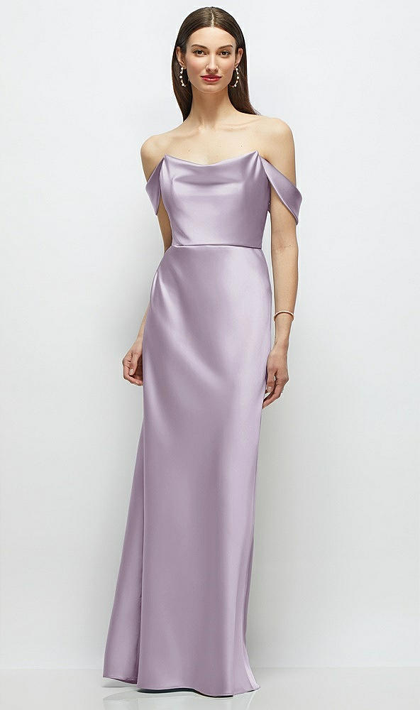 Front View - Lilac Haze Basque-Neck A-Line Stretch Satin Maxi Dress with Off-the-Shoulder Drape