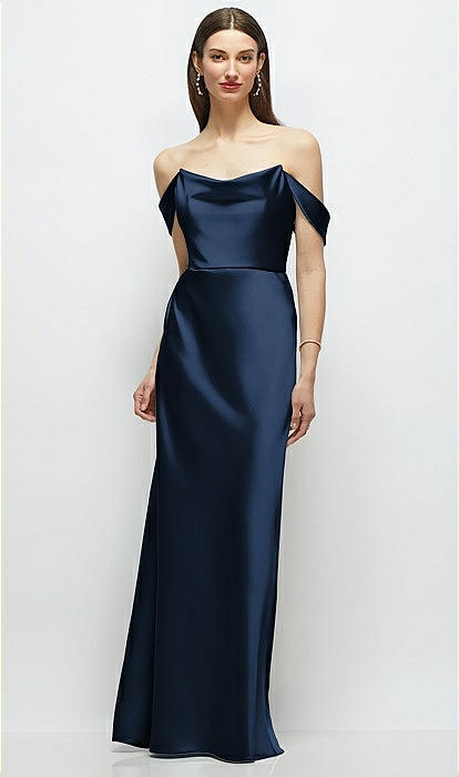 Basque-neck A-line Stretch Satin Maxi Bridesmaid Dress With Off