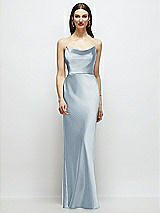Alt View 1 Thumbnail - Mist Basque-Neck A-Line Stretch Satin Maxi Dress with Off-the-Shoulder Drape