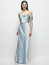 Front View Thumbnail - Mist Basque-Neck A-Line Stretch Satin Maxi Dress with Off-the-Shoulder Drape