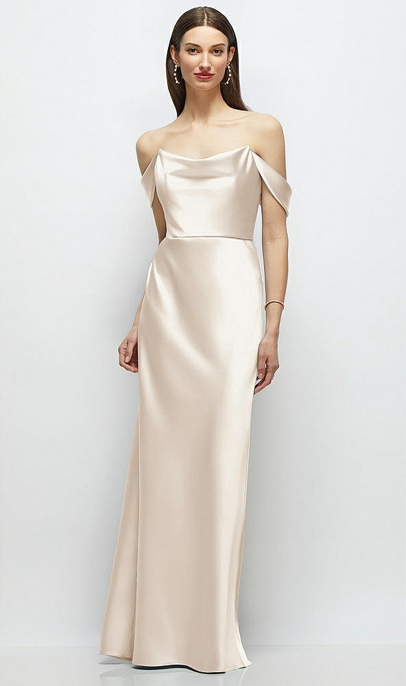 Front View - Oat Basque-Neck A-Line Stretch Satin Maxi Dress with Off-the-Shoulder Drape