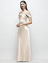 Side View Thumbnail - Oat Basque-Neck A-Line Stretch Satin Maxi Dress with Off-the-Shoulder Drape