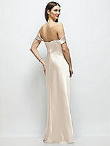 Rear View Thumbnail - Oat Basque-Neck A-Line Stretch Satin Maxi Dress with Off-the-Shoulder Drape