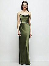Alt View 1 Thumbnail - Olive Green Basque-Neck A-Line Stretch Satin Maxi Dress with Off-the-Shoulder Drape