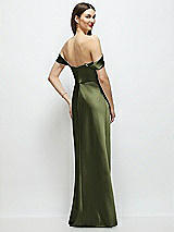 Rear View Thumbnail - Olive Green Basque-Neck A-Line Stretch Satin Maxi Dress with Off-the-Shoulder Drape