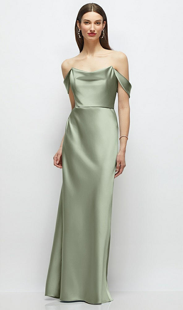 Front View - Sage Basque-Neck A-Line Stretch Satin Maxi Dress with Off-the-Shoulder Drape