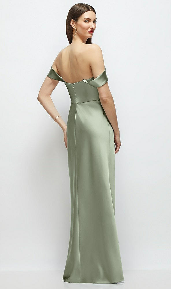 Back View - Sage Basque-Neck A-Line Stretch Satin Maxi Dress with Off-the-Shoulder Drape