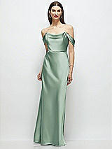 Front View Thumbnail - Seagrass Basque-Neck A-Line Stretch Satin Maxi Dress with Off-the-Shoulder Drape