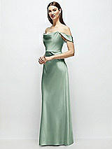 Side View Thumbnail - Seagrass Basque-Neck A-Line Stretch Satin Maxi Dress with Off-the-Shoulder Drape