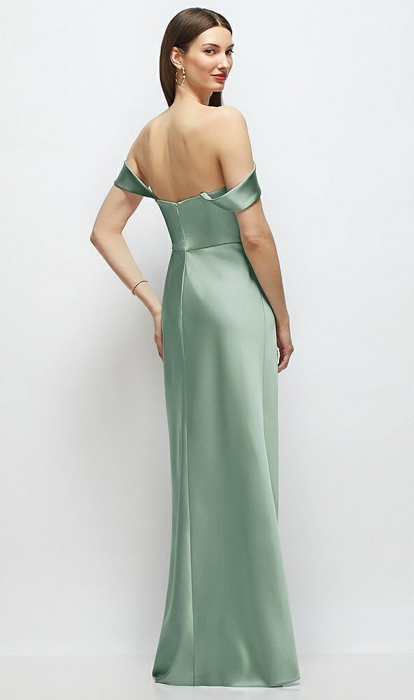 Back View - Seagrass Basque-Neck A-Line Stretch Satin Maxi Dress with Off-the-Shoulder Drape