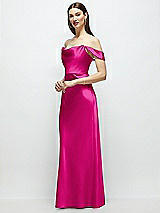 Side View Thumbnail - Think Pink Basque-Neck A-Line Stretch Satin Maxi Dress with Off-the-Shoulder Drape