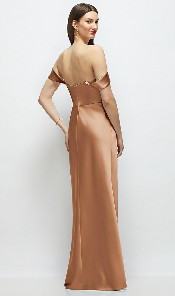 Back View - Toffee Basque-Neck A-Line Stretch Satin Maxi Dress with Off-the-Shoulder Drape