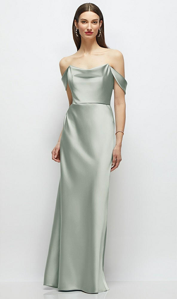 Front View - Willow Green Basque-Neck A-Line Stretch Satin Maxi Dress with Off-the-Shoulder Drape