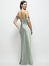 Rear View Thumbnail - Willow Green Basque-Neck A-Line Stretch Satin Maxi Dress with Off-the-Shoulder Drape