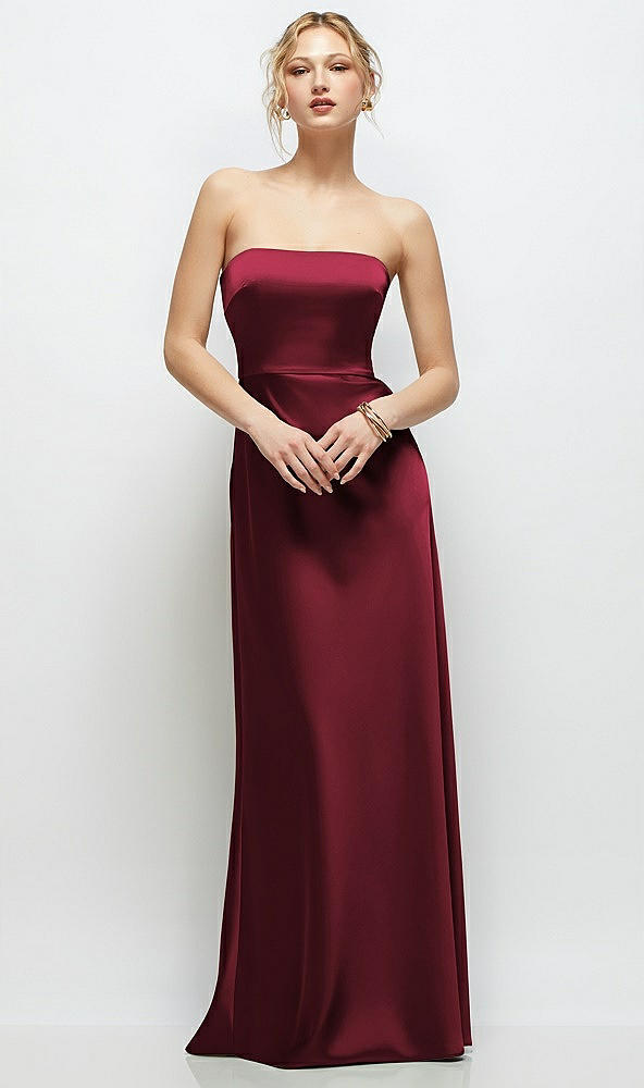 Front View - Cabernet Strapless A-Line Stretch Satin Maxi Dress