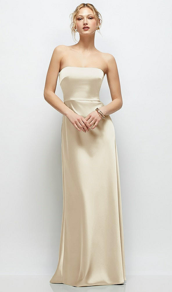 Front View - Champagne Strapless A-Line Stretch Satin Maxi Dress