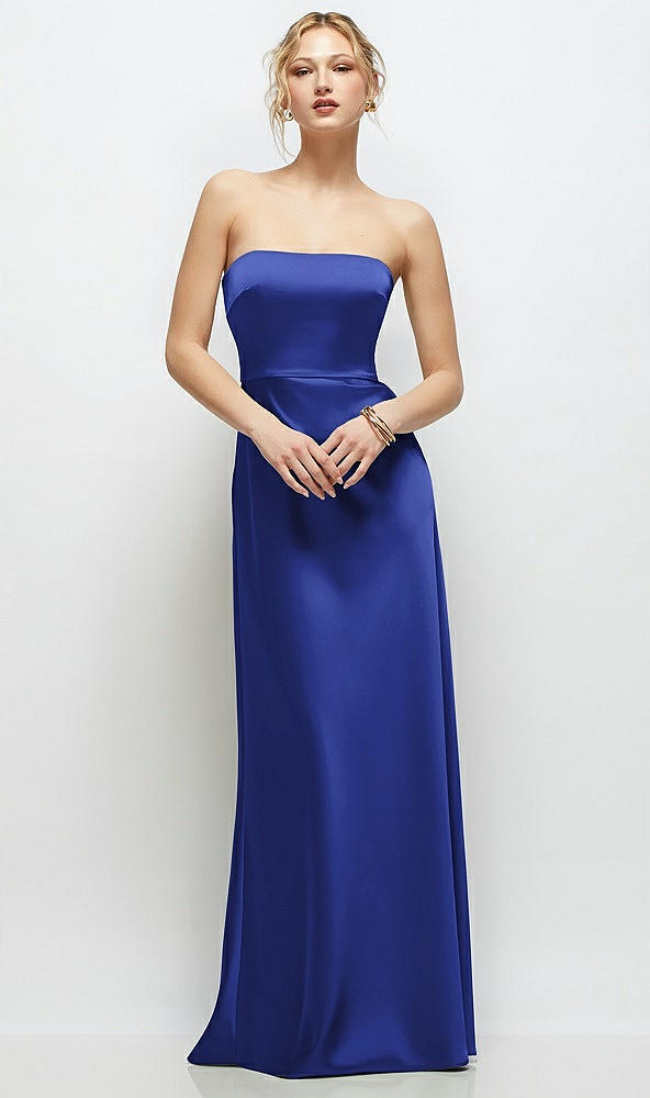 Front View - Cobalt Blue Strapless A-Line Stretch Satin Maxi Dress