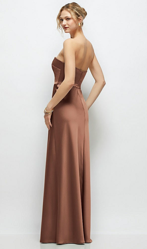 Back View - Cognac Strapless A-Line Stretch Satin Maxi Dress