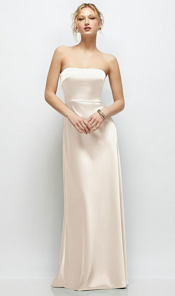 Front View - Oat Strapless A-Line Stretch Satin Maxi Dress