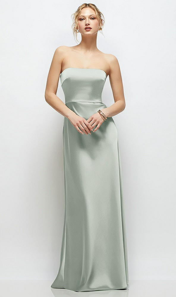 Front View - Willow Green Strapless A-Line Stretch Satin Maxi Dress