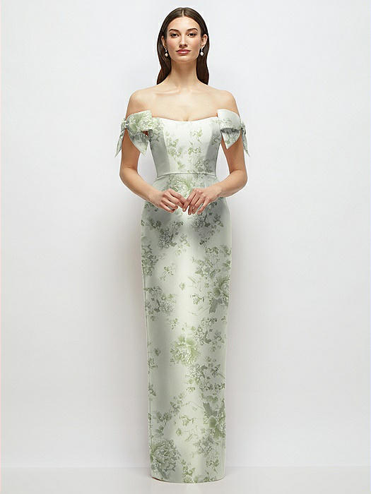 Basque-Neck Floral Satin Column Maxi Dress with Off-the-Shoulder Bows