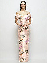Front View Thumbnail - Butterfly Botanica Pink Sand Basque-Neck Floral Satin Column Maxi Dress with Off-the-Shoulder Bows