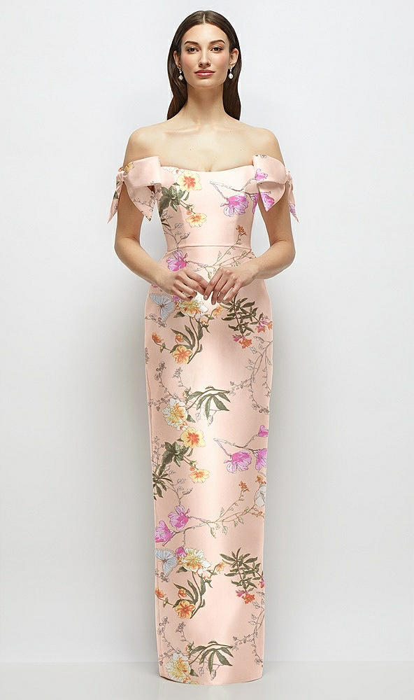 Front View - Butterfly Botanica Pink Sand Basque-Neck Floral Satin Column Maxi Dress with Off-the-Shoulder Bows