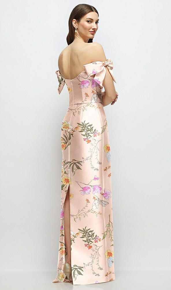 Back View - Butterfly Botanica Pink Sand Basque-Neck Floral Satin Column Maxi Dress with Off-the-Shoulder Bows