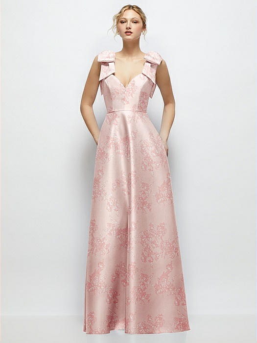 Deep V-Neck Floral Satin Ball Gown with Shoulder Bows
