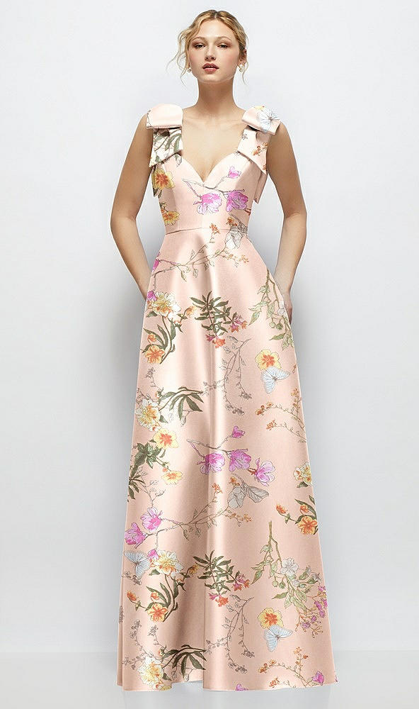 Front View - Butterfly Botanica Pink Sand Deep V-Neck Floral Satin Ball Gown with Shoulder Bows