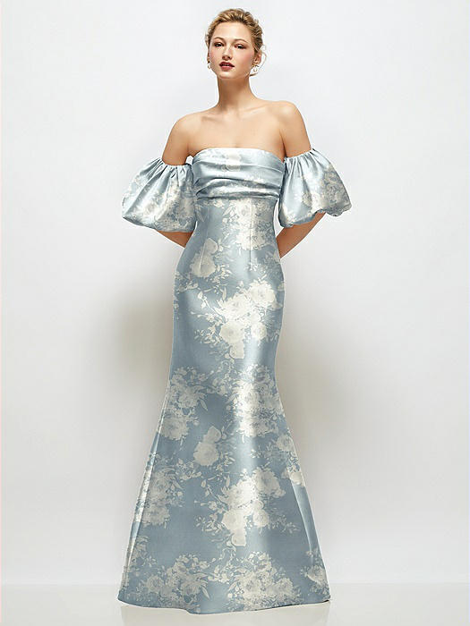 Off-the-Shoulder Puff Sleeve Floral Satin Maxi Dress with Flared Skirt