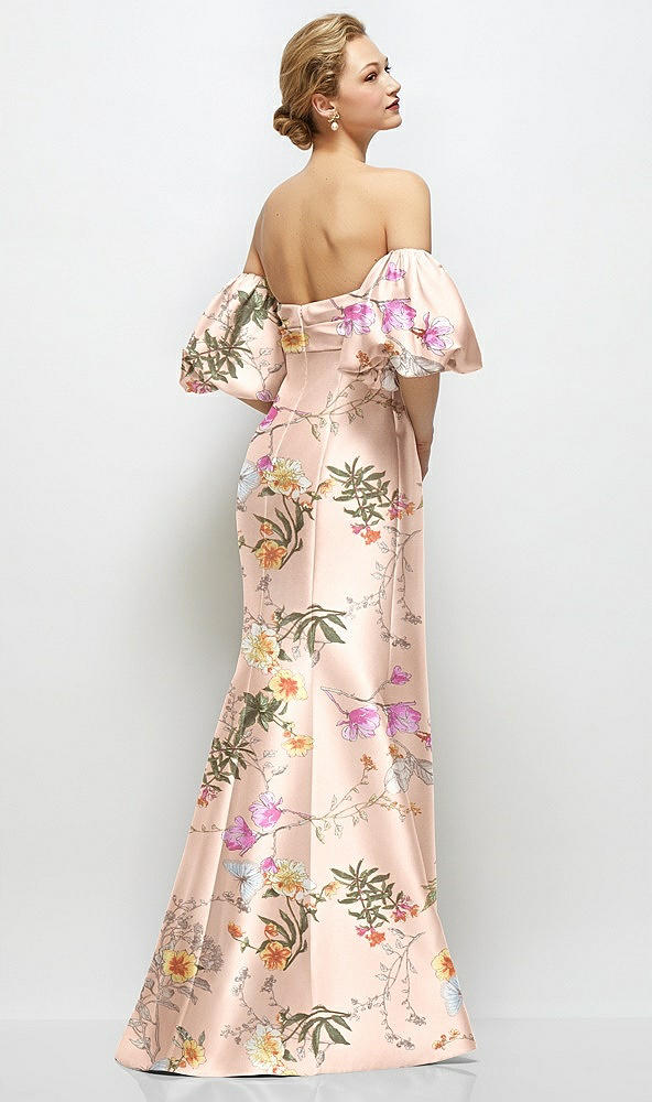 Back View - Butterfly Botanica Pink Sand Off-the-Shoulder Puff Sleeve Floral Satin Maxi Dress with Flared Skirt