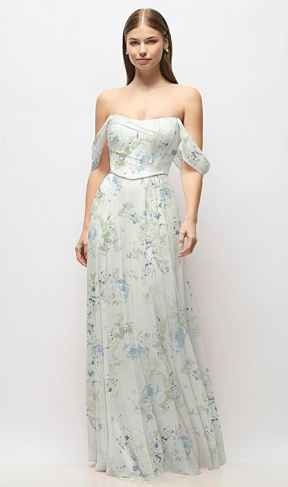 Front View - Bleu Garden Off-the-Shoulder Basque Corset Floral Chiffon Maxi Dress