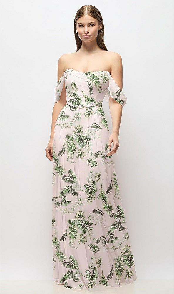 Front View - Palm Beach Print Off-the-Shoulder Basque Corset Floral Chiffon Maxi Dress