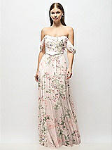 Front View Thumbnail - Blush Garden Off-the-Shoulder Basque Corset Floral Chiffon Maxi Dress