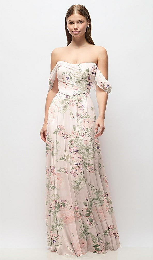 Front View - Blush Garden Off-the-Shoulder Basque Corset Floral Chiffon Maxi Dress