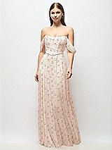 Front View Thumbnail - Coquette Floral Print Off-the-Shoulder Basque Corset Floral Chiffon Maxi Dress