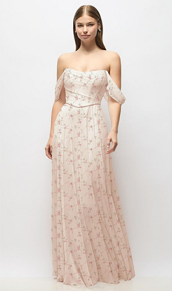 Front View - Coquette Floral Print Off-the-Shoulder Basque Corset Floral Chiffon Maxi Dress