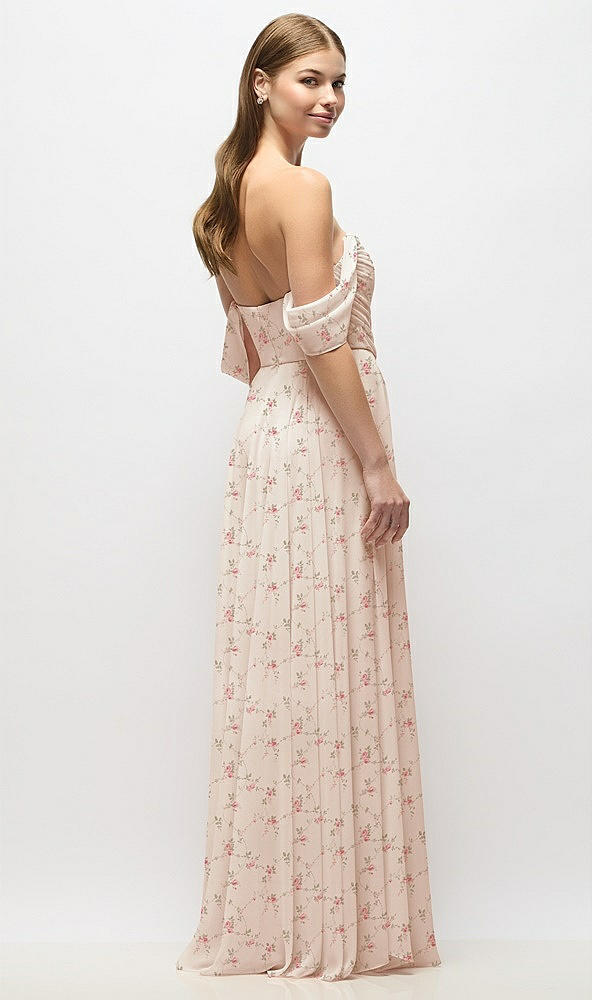 Back View - Coquette Floral Print Off-the-Shoulder Basque Corset Floral Chiffon Maxi Dress