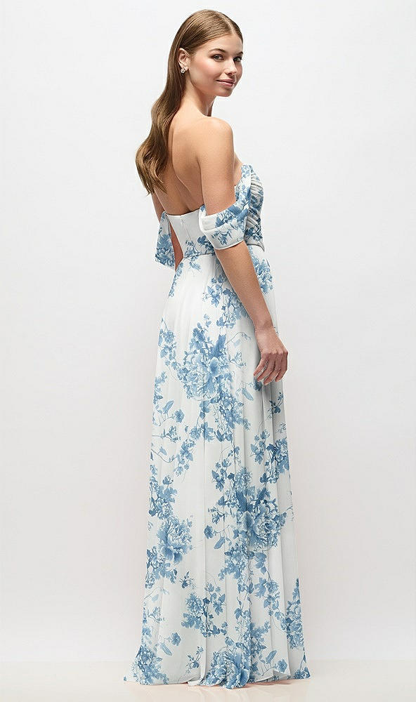 Back View - Cottage Rose Dusk Blue Off-the-Shoulder Basque Corset Floral Chiffon Maxi Dress