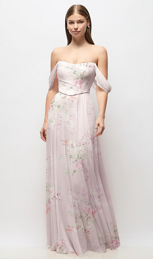 Front View - Watercolor Print Off-the-Shoulder Basque Corset Floral Chiffon Maxi Dress