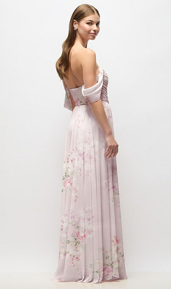 Back View - Watercolor Print Off-the-Shoulder Basque Corset Floral Chiffon Maxi Dress